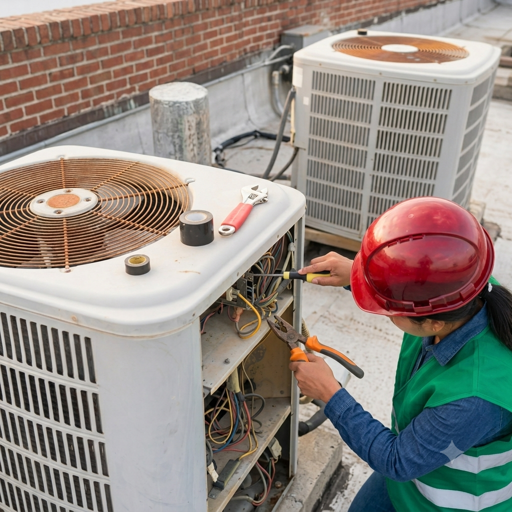 Diamond Air technician servicing a rooftop condenser unit